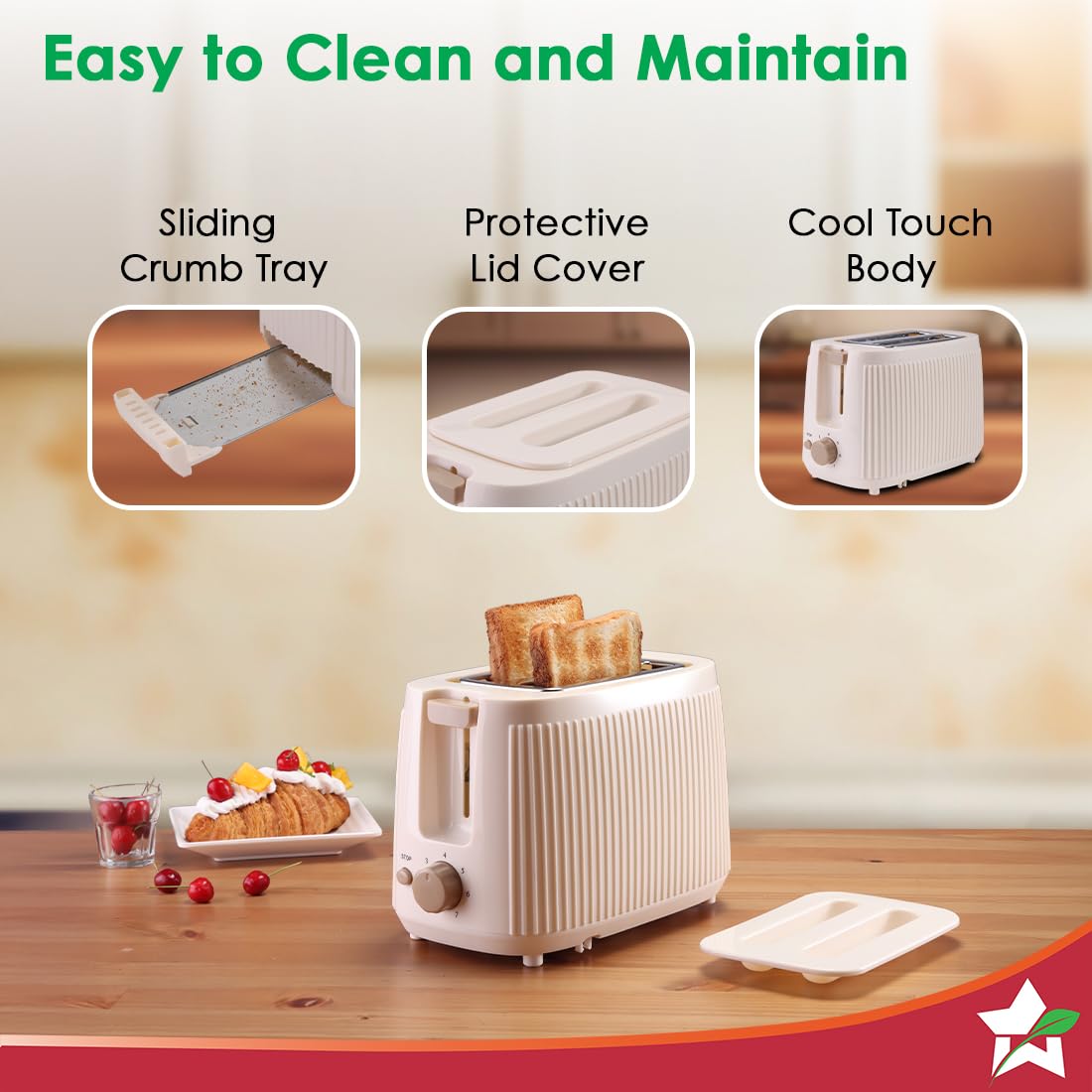 Wonderchef Regalia 2-Slice Pop-up Toaster with Lid Cover, 7 Browning Options for Golden Crispy Bread Toasts, Mid-Cycle Cancel Function, Slide-out Crumb Tray, 2-Yr Warranty, Ivory, Electric Toaster - Image 3