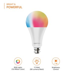 amazon basics - 12W Smart LED Bulb with Alexa, ‎Voice control, Google Assistant & Wi-Fi Enabled (Pack of 1, Multicolour, B22 Holder)
