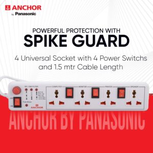 Anchor by Panasonic 4 way 6A Universal Socket with 3 Switch & 1 Master Switch | 4 Way Extension Board with 1.5 Mtr Extension Cord | Multi Plug Socket for Home Wall, Office (22568)