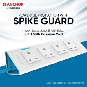 Anchor by Panasonic 4 Way Extension Board Socket with Single Switch | with 1.5 Mtr Extension Cord | Multi Plug for Home Wall, Office (22061)