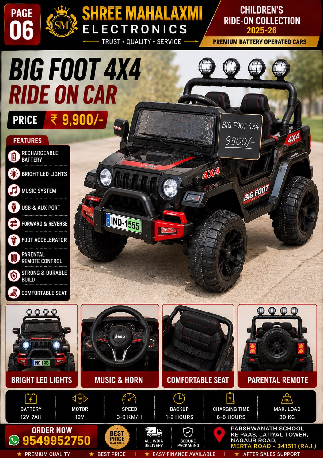 Big Foot 4x4 Kids Battery Operated Ride-On Jeep with Parent Remote Control, LED Lights & Music (Black)