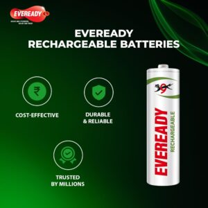 Eveready Rechargeable AA Battery, 600 mAh, 1.2V NiMH, Rechargeable Up to 1000 Times*, Ideal for Trimmers, Toys, Cordless Phones, Gaming Controllers etc, Pack of 2