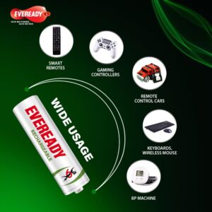 Eveready Rechargeable AA Battery, 600 mAh, 1.2V NiMH, Rechargeable Up to 1000 Times*, Ideal for Trimmers, Toys, Cordless Phones, Gaming Controllers etc, Pack of 2