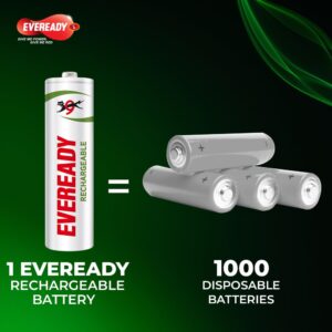 Eveready Rechargeable AA Battery, 600 mAh, 1.2V NiMH, Rechargeable Up to 1000 Times*, Ideal for Trimmers, Toys, Cordless Phones, Gaming Controllers etc, Pack of 2