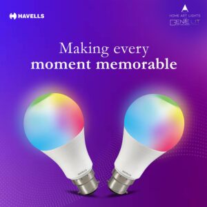 Havells Glamax 9W B22 WiFi LED Smart Bulb with Music Sync Function, Compatible with Amazon Alexa and Google Assistant (16M Colours)