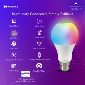 Havells Glamax 9W B22 WiFi LED Smart Bulb with Music Sync Function, Compatible with Amazon Alexa and Google Assistant (16M Colours)