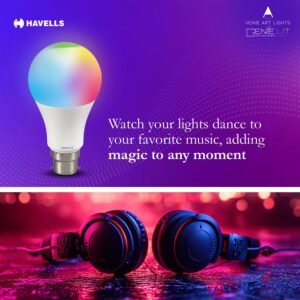 Havells Glamax 9W B22 WiFi LED Smart Bulb with Music Sync Function, Compatible with Amazon Alexa and Google Assistant (16M Colours)