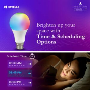 Havells Glamax 9W B22 WiFi LED Smart Bulb with Music Sync Function, Compatible with Amazon Alexa and Google Assistant (16M Colours)