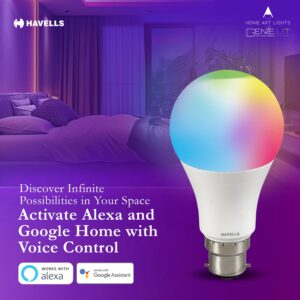 Havells Glamax 9W B22 WiFi LED Smart Bulb with Music Sync Function, Compatible with Amazon Alexa and Google Assistant (16M Colours)