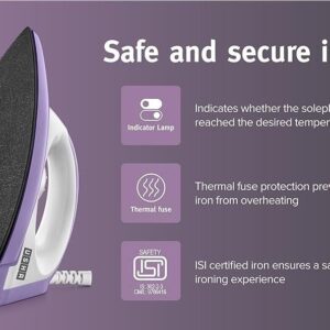 USHA Armor 1100 watts Dry Iron with Shock Proof Plastic Body | Single Coat Black Non Stick Soleplate for Longer Durability|Overheat Safety Shutoff |180° Swivel Cord | 2 Years Warranty|(Purple & White)