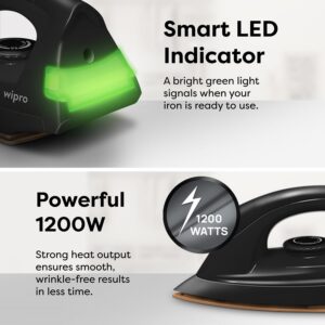 Wipro GD208 Automatic Electric Dry Iron 1200 Watt With Large LED Indicator | Large Soleplate|Anti Bacterial German Weilburger Double Coated Soleplate | Quick Heat Up - 1200 Watts, Black