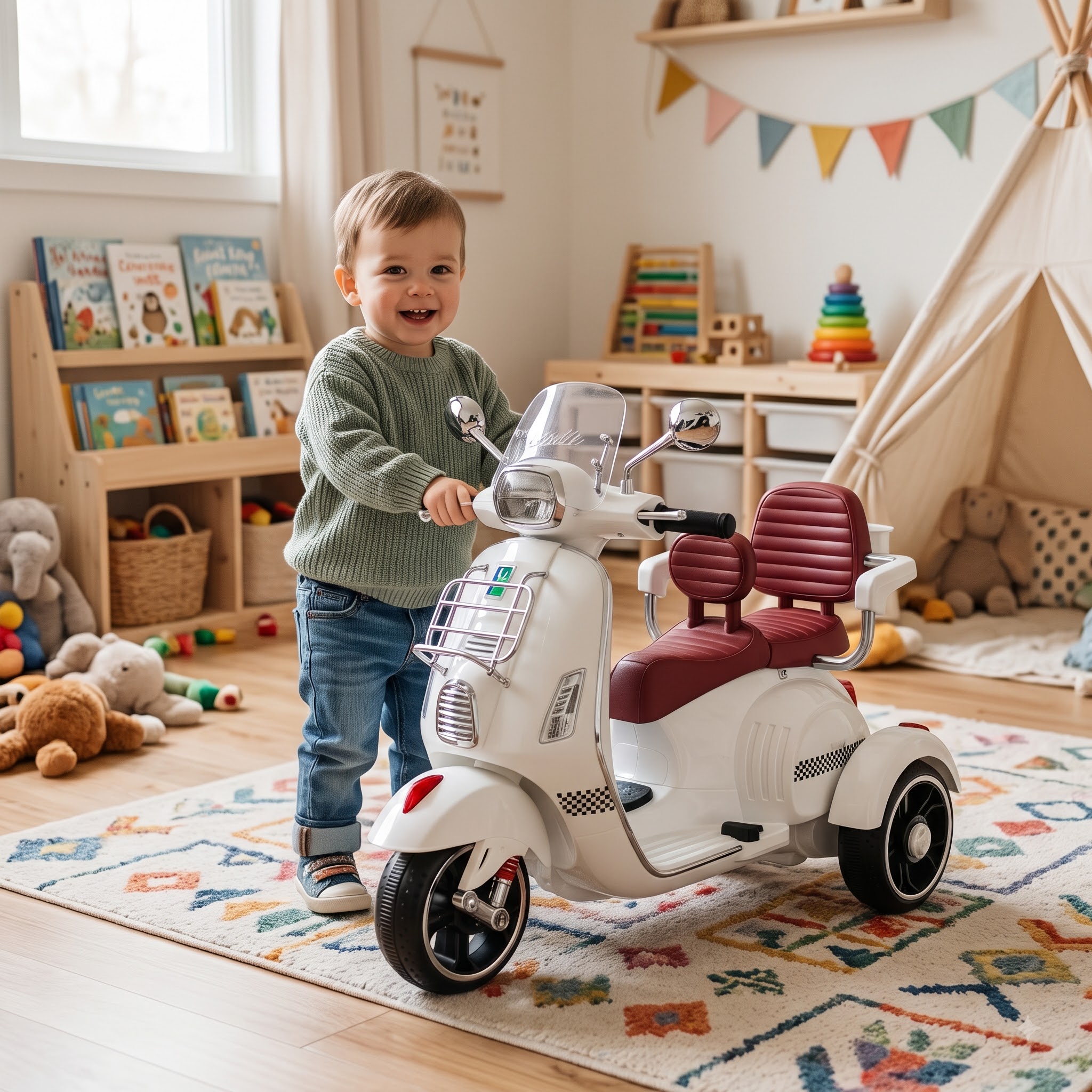 Kids Electric Scooter – Vintage Dual-Seat Vespa Ride-On with Hand Accelerator & Remote Control - Image 8