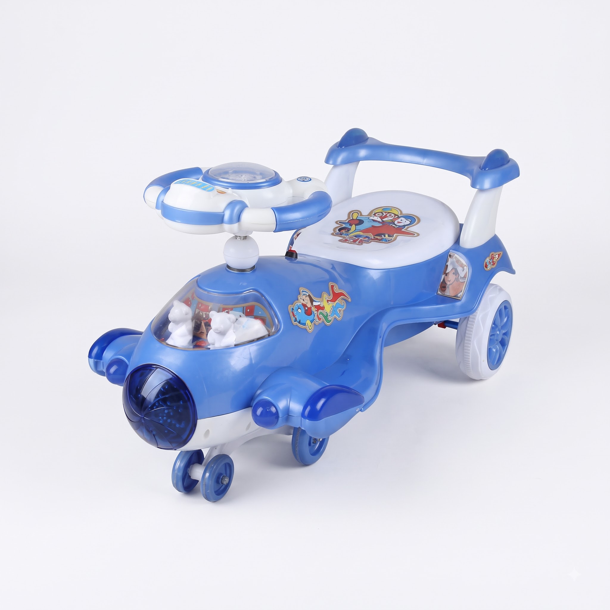 Blue and white aeroplane-shaped ride-on toy for kids