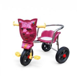 Kids Tricycle magenta pink and chrome 3 wheel manual pedal cycle with tiger face cowl and cushion seat